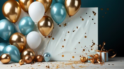 White, light blue and gold balloons with bow and confetti white board behind
