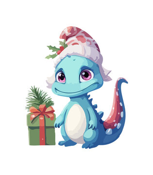 Vector cute Christmas dragon. Symbol of the New Year. Dinosaur illustration in watercolor style isolated on white background.
