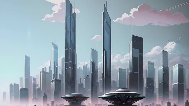 Futuristic urban animation with high towers and skyscrapers. Future cityscape animation with illustrations transformations, music visualization. AI generated video