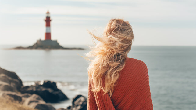 Lighthouse and woman. Blond hair woman walks near the lighthouse and enjoy beautiful nature landscape. Lonely girl. Scenic northern outdoors view. Travel and adventure. Explore North. Generated AI