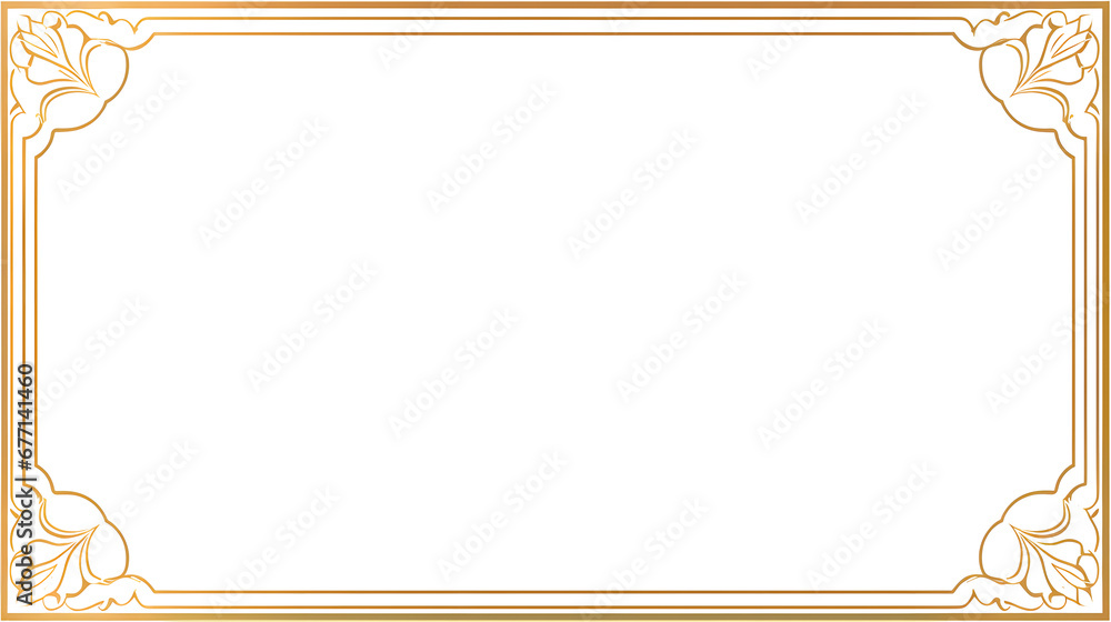 Poster rectangle subtle gold frame for web presentation, horizontal border in oriental style, png with tran