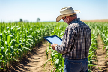 Naklejka na ściany i meble Male farmer hold tablet and look into screen. Farmer surrounded by green field. Agriculture, horticulture, industrial cultivation with modern technologies.
