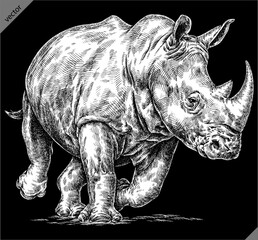Vintage engraving isolated rhinoceros set illustration ink sketch. Africa background rhino silhouette art. Black and white hand drawn vector image - obrazy, fototapety, plakaty