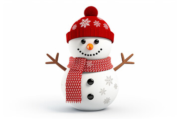 Cheerful snowman on white background in hat and with scarf, christmas