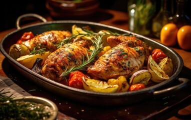 chicken rotisserie with thyme, and lemon closeup on a slate board and pan  Dark Background
