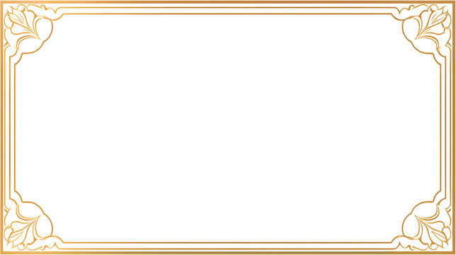 Rectangle subtle gold frame for web presentation, horizontal border in oriental style, png with transparent background.
