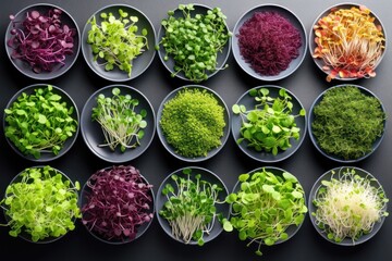 Variety of microgreen sprouts on black table, fresh vegan healthy food.