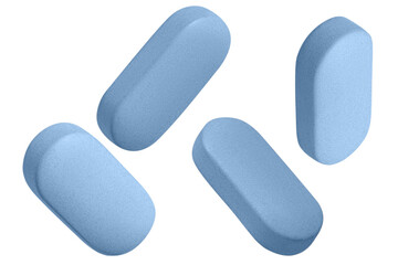 Blue capsules set from different angles. on isolated transparent background