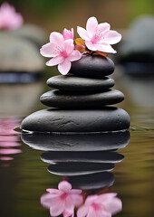 Fototapeta na wymiar pyramid or tower of stones on the river bank, zen, harmony, chedo, water, rocks, lake, spa, relaxation, nature, tranquility, beauty, balance, landscape, minerals, shape, structure, religious, flower