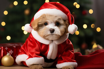 Adorable little dog wearing a festive Santa costume, spreading holiday cheer with its irresistible cuteness. Ai generated