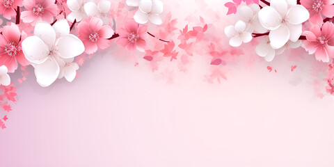 Fototapeta na wymiar Pink background with a branch of cherry blossoms,Whimsical Pink Palette: Enchanting Cherry Blossom with copy space background generative ai 