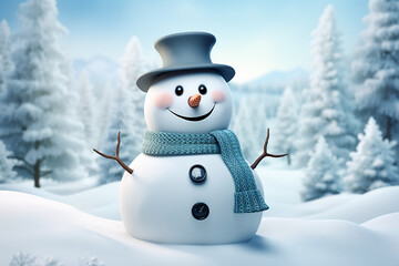 Obraz premium Cheerful snowman on winter background, in the forest. Christmas card with space for text