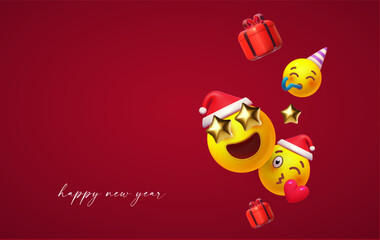 Happy New Yyear poster template with 3D smie and gifts. Christmas design.