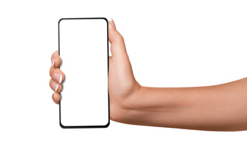 A woman's hand holds a phone with a blank screen. on isolated transparent background