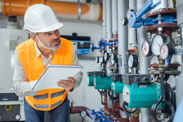 Gas engineer working in control room checking water Distribution