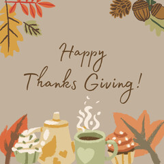 Brown Thanks Giving Day Card Decorated with cake, Coffee and m,any eatables 