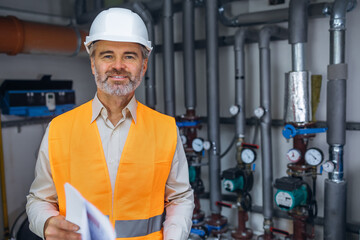 Portrait of a senior gray haired Professional Engineer Worker Wearing Uniform and Hard Hat in a...