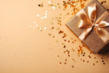 Obraz na płótnie Canvas Christmas golden gift box on a shiny festive background. New Year present holiday concept