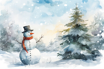 Obraz premium Cheerful snowman on winter background, in the forest. Christmas card with space for text
