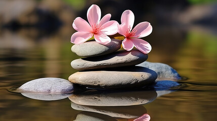 pyramid or tower of stones on the river bank, zen, harmony, chedo, water, rocks, lake, spa, relaxation, nature, tranquility, beauty, balance, landscape, minerals, shape, structure, religious, flower