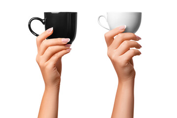 A woman's hand holds a black and white cup. Two options. on isolated transparent background