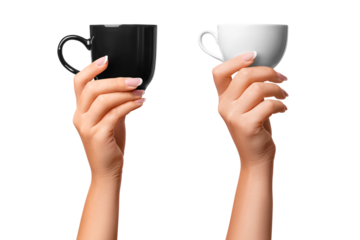 A woman's hand holds a black and white cup. Two options. on isolated transparent background