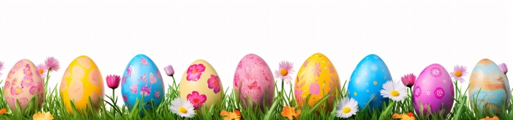 easter eggs border with transparent background, easter grass png, panoramic scale, colorful costumes - obrazy, fototapety, plakaty