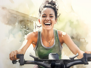 フィットネスクラブでエアロバイクを漕ぐ健康的な笑顔の女性 - obrazy, fototapety, plakaty