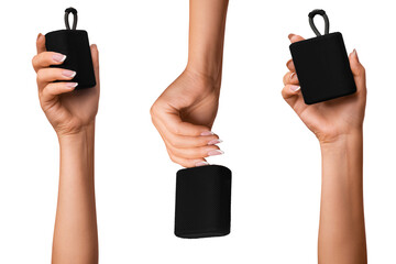 A woman's hand holds a black bluetooth music speaker. Three options. on isolated transparent...