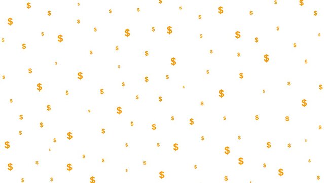 Animated orange dollar background. Money flies from top to bottom. Symbol of dollar. Looped video. Vector illustration isolated on the white background.
