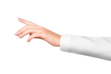 A woman's hand in a white medical coat. on isolated transparent background - obrazy, fototapety, plakaty