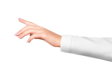 A woman's hand in a white medical coat. on isolated transparent background