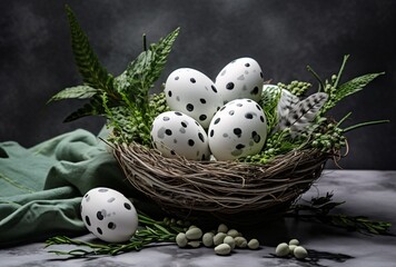 easter eggs in a bird's nest on a concrete tabletop, white and green, stripes and shapes, dotted