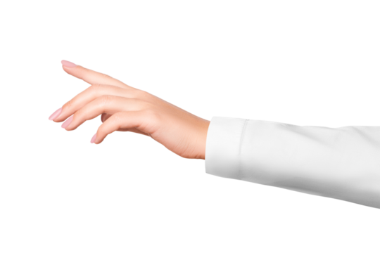 A woman's hand in a white medical coat. on isolated transparent background