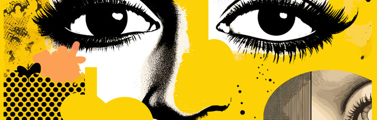 Retro collage elements of punk halftone. Ear and lips and eyes. Magazine cutouts style. Yellow background with mouth. - obrazy, fototapety, plakaty
