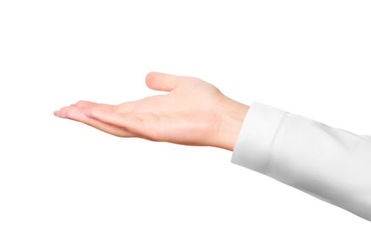 A woman's hand in a white medical coat. on isolated transparent background