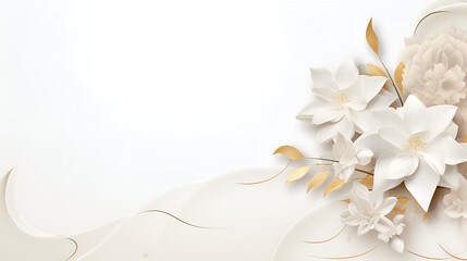 Golden Serenity: White Textured Elegance with Floral Border,serene white textured background with gold swirl and white flower border
