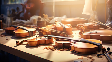  The Craft of Guitar Making in a Wood-Enriched Workshop ,luthier crafting a guitar in a wood-filled workshop generative ai

