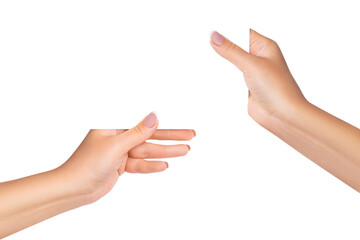 Two female hands hold transparent sheets. on isolated transparent background