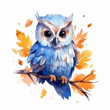 A drawing of an owl with blue plumage and autumnal surroundings sitting on a branch, white background