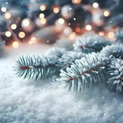 Beautiful winter background image of frosted spruce branches on the side and small drifts of pure snow with bokeh Christmas lights and space for text in the middle. - 677143612