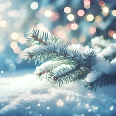 Beautiful winter background image of frosted spruce branches on the side and small drifts of pure snow with bokeh Christmas lights and space for text in the middle. - 677143638