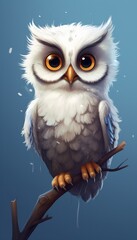 An illustration of a snowy owl with white plumage sitting on a branch at night