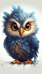 An illustration of a scruffy owl with blue plumage and yellow eyes that looks evil