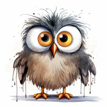 A drawing of a funny bird with ruffled brown gray feathers and big eyes, white background