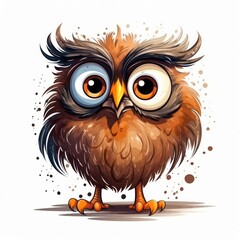 A drawing of a funny owl with ruffled brown feathers, white background