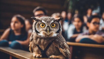 an eagle owl as the mascot of a school class, in the background the students