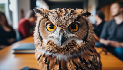 an eagle owl in a meeting room, present in the foreground, human participants only blurred in the background