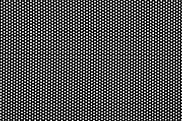 Texture of metal black mesh with round holes on a white background. Background made of metal...