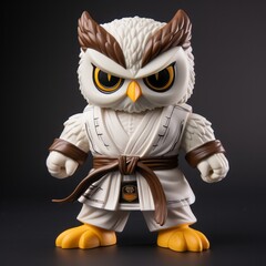 A plastic judo owl as an action figure with a brown belt, black background